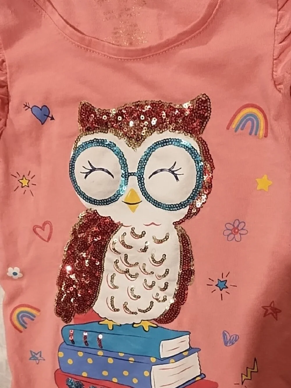 💥3/$5 Sale Cynthia Howie Pink Sequin Owl Ruffle Sleeve Tee EUC Size 4. So Cute.